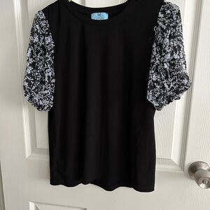 CeCe Black Top with Floral Sleeves
